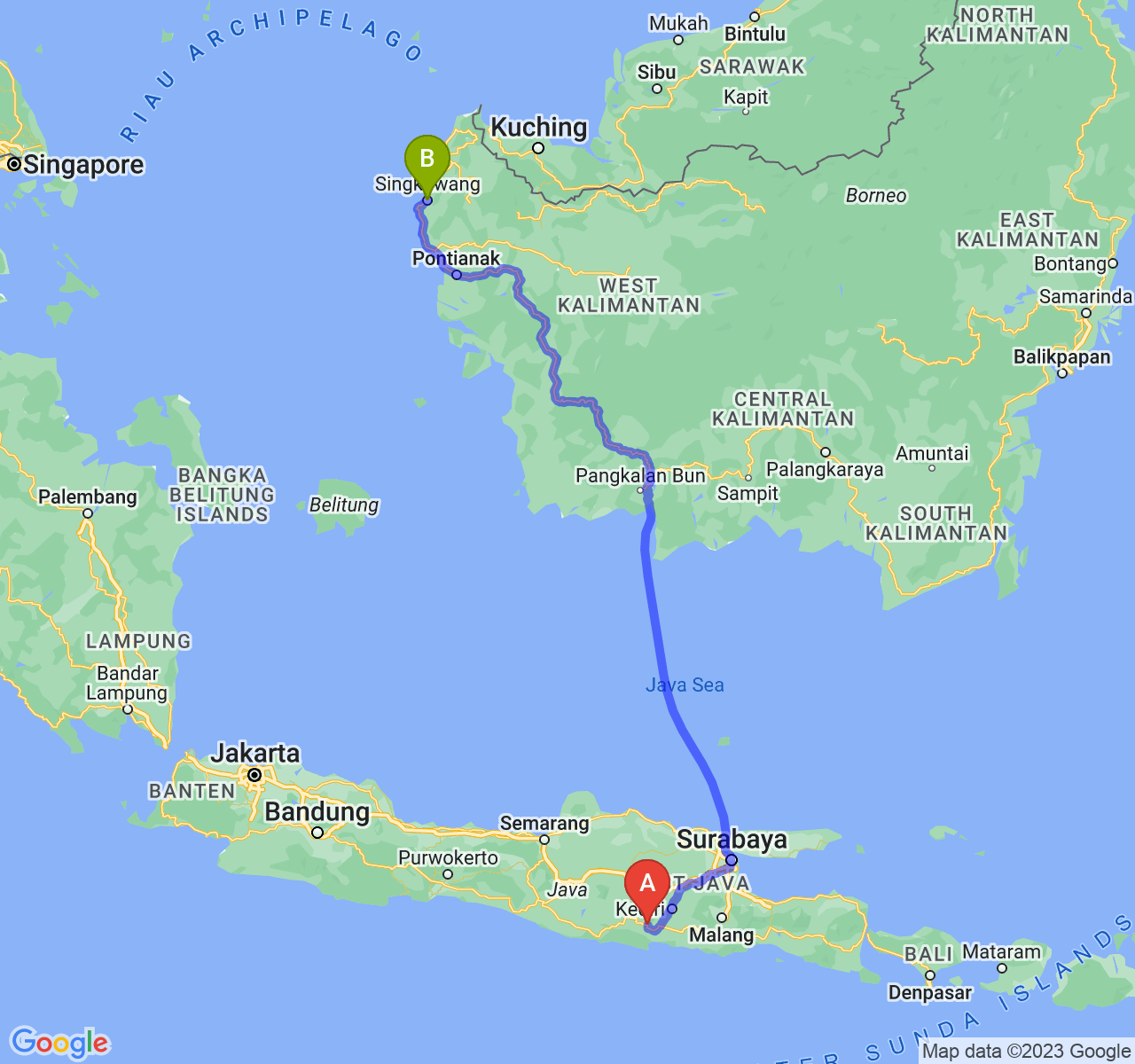 perjalanan dengan rute Kab. Trenggalek-Kota Singkawang