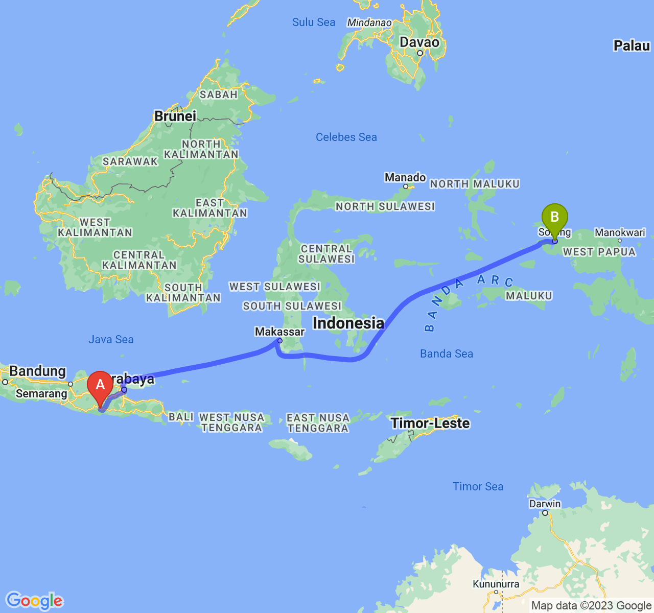 perjalanan dengan rute Kab. Trenggalek-Kota Sorong