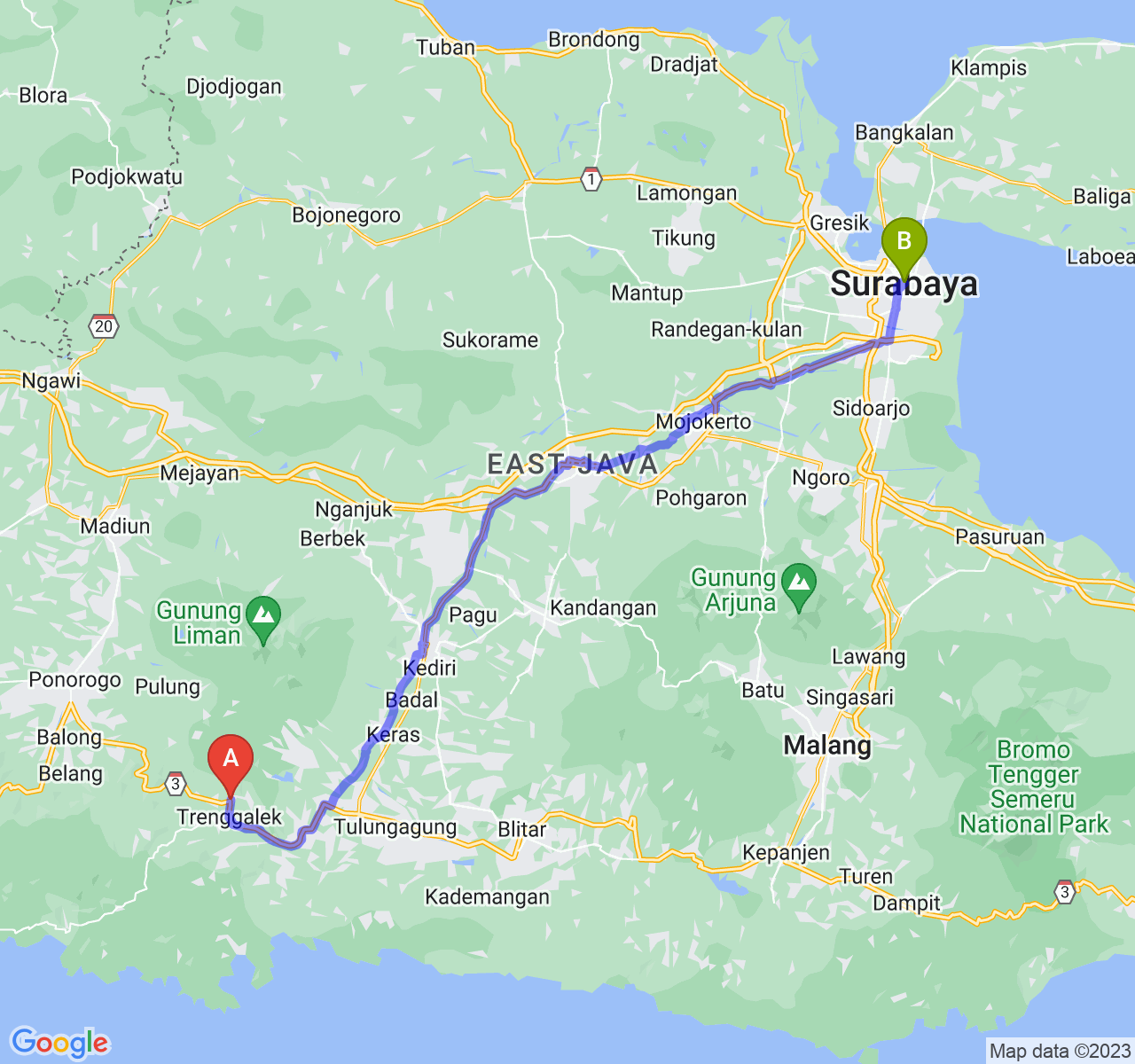 perjalanan dengan rute Kab. Trenggalek-Kota Surabaya