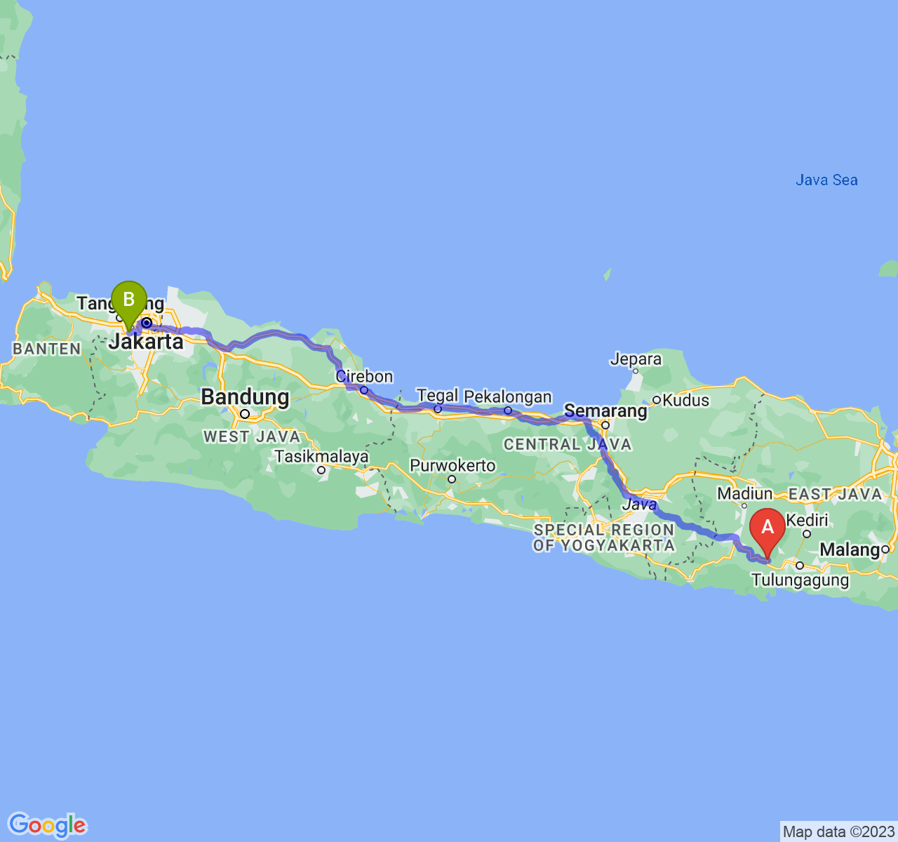 perjalanan dengan rute Kab. Trenggalek-Kota Tangerang Selatan