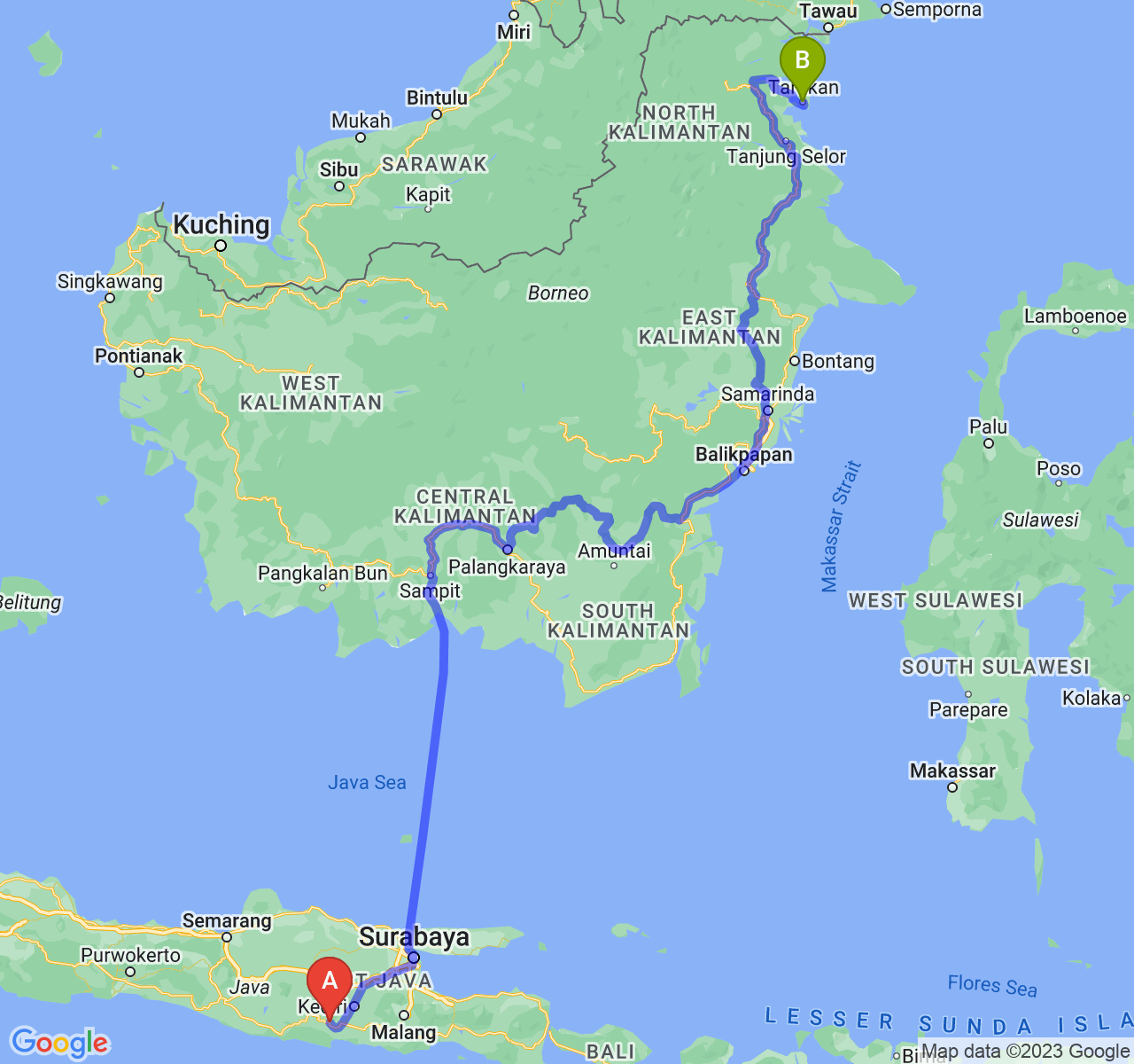 perjalanan dengan rute Kab. Trenggalek-Kota Tarakan