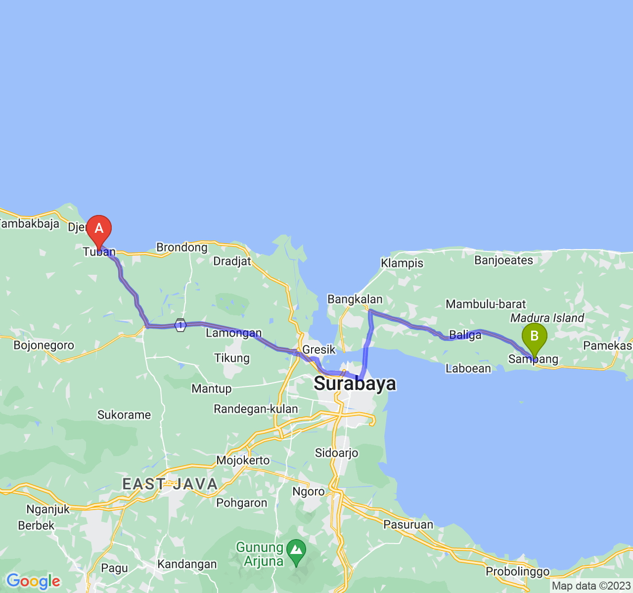 perjalanan dengan rute Kab. Tuban-Kab. Sampang