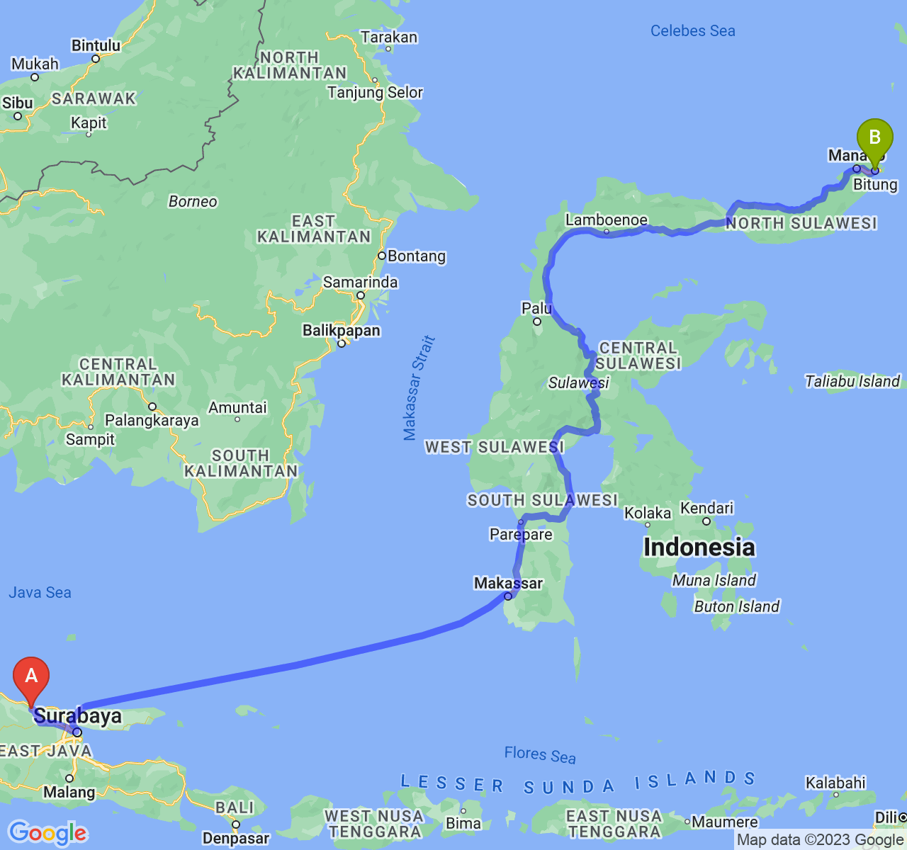 perjalanan dengan rute Kab. Tuban-Kota Bitung