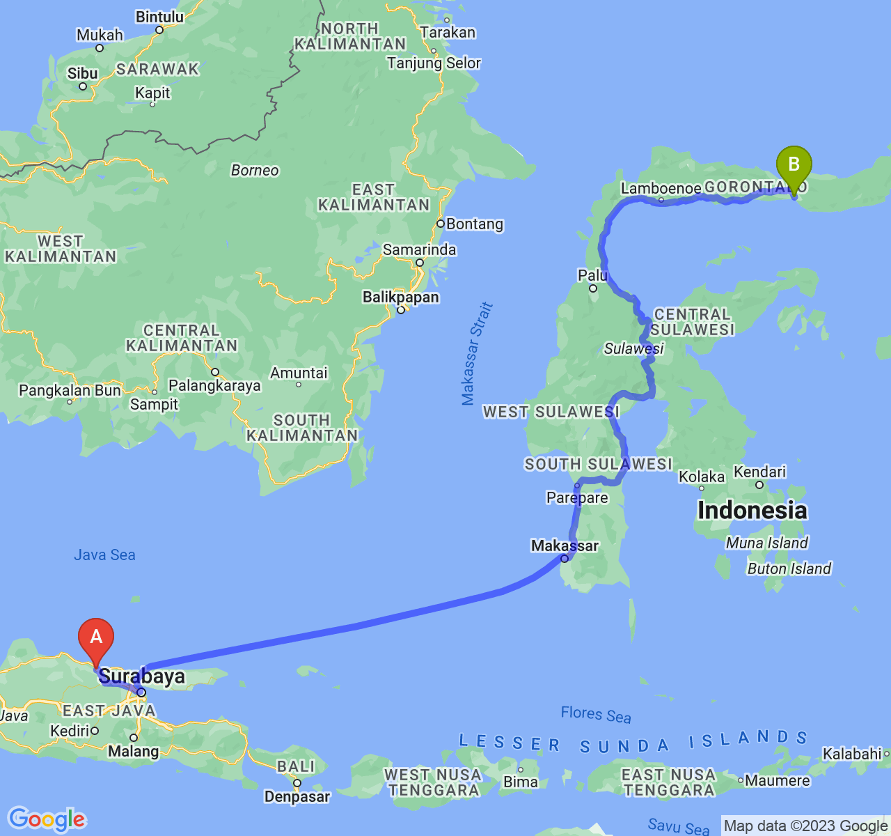 perjalanan dengan rute Kab. Tuban-Kota Gorontalo