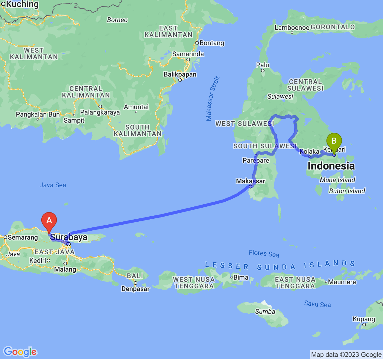 perjalanan dengan rute Kab. Tuban-Kota Kendari