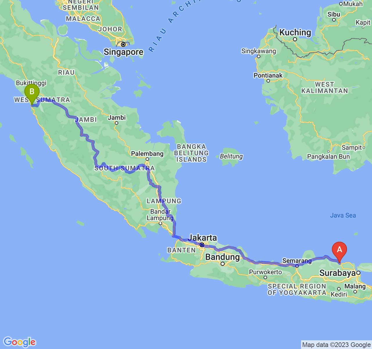 perjalanan dengan rute Kab. Tuban-Kota Padang