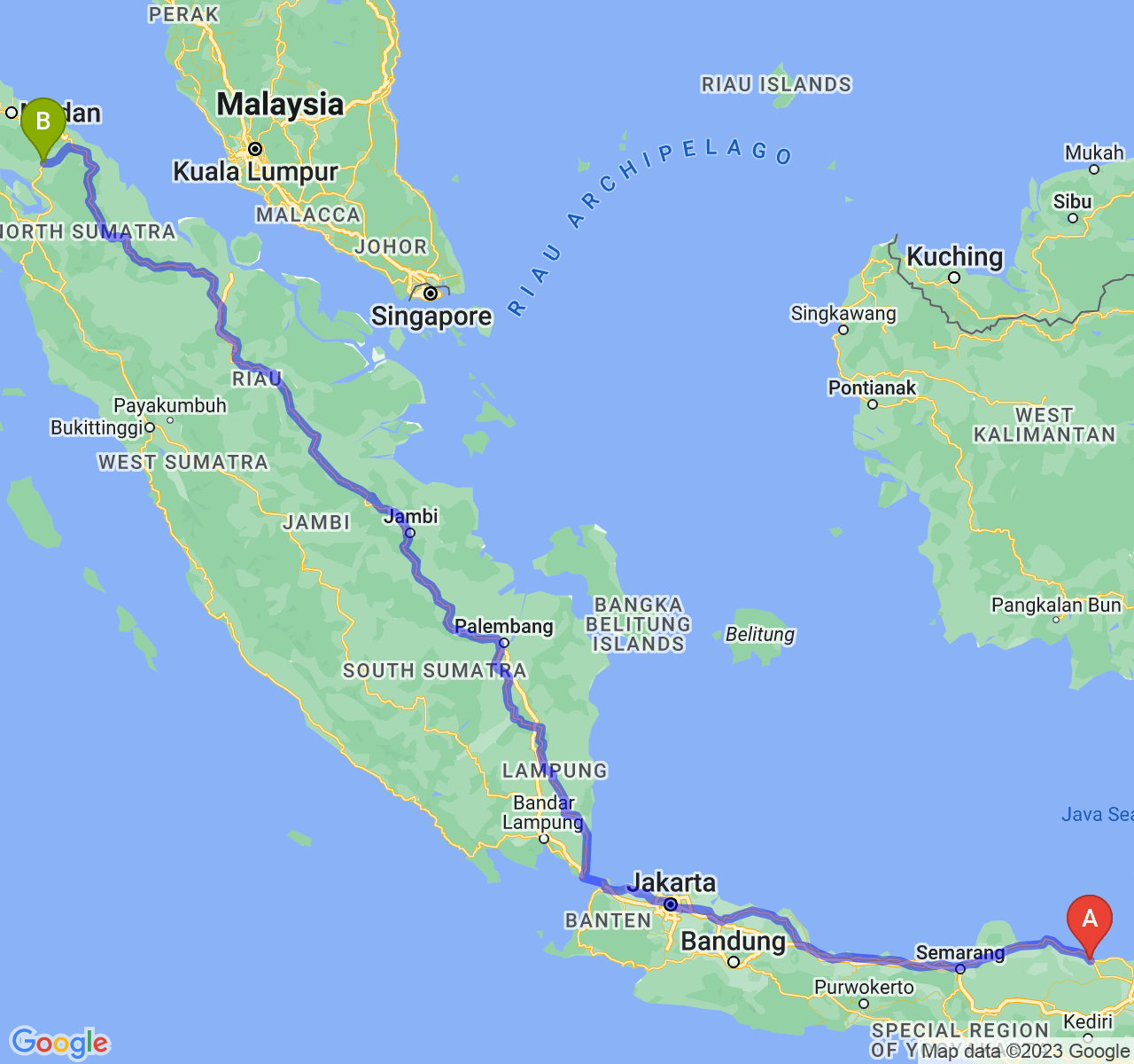 perjalanan dengan rute Kab. Tuban-Kota Pematangsiantar