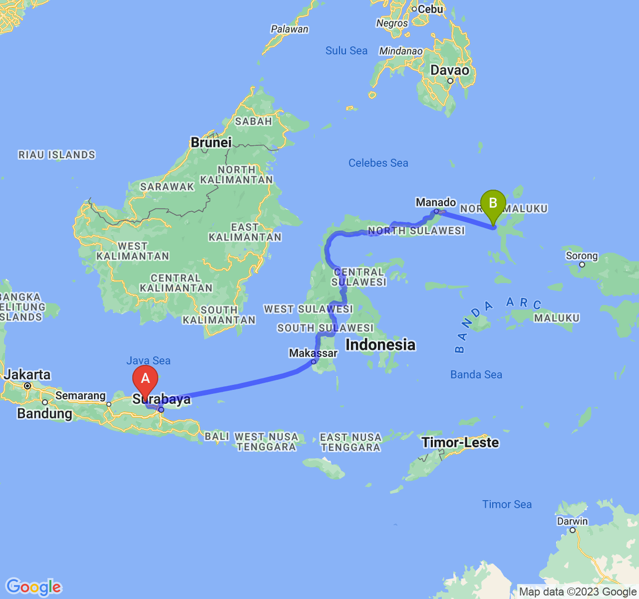 perjalanan dengan rute Kab. Tuban-Kota Ternate