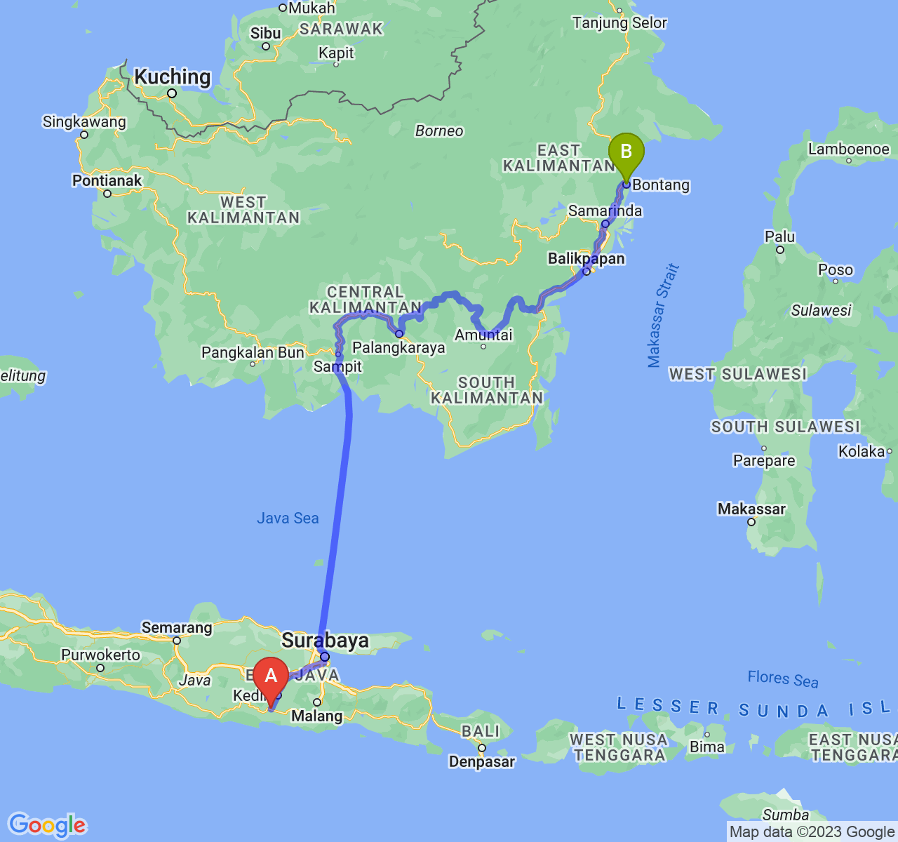 perjalanan dengan rute Kab. Tulungagung-Kota Bontang