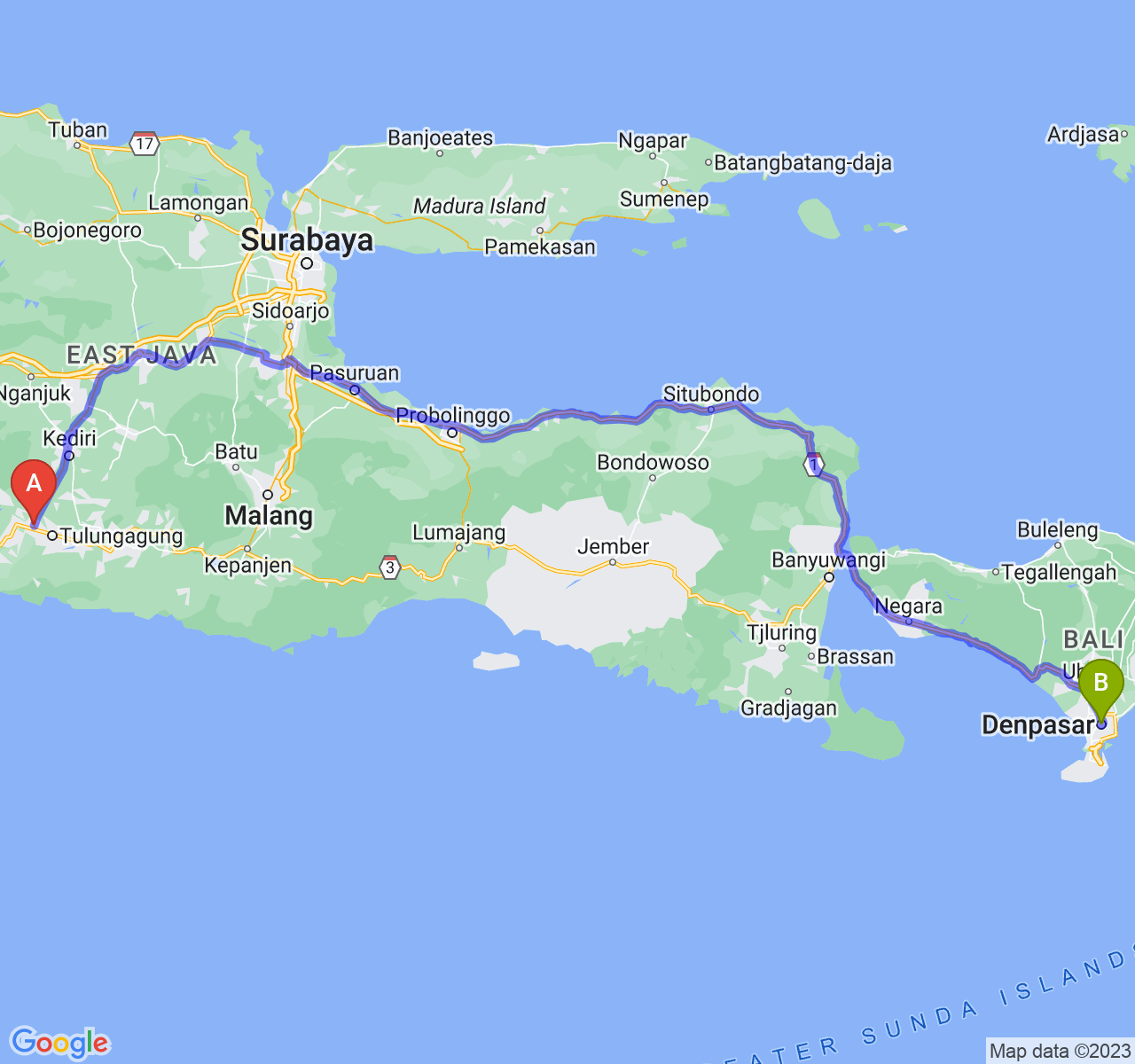 perjalanan dengan rute Kab. Tulungagung-Kota Denpasar