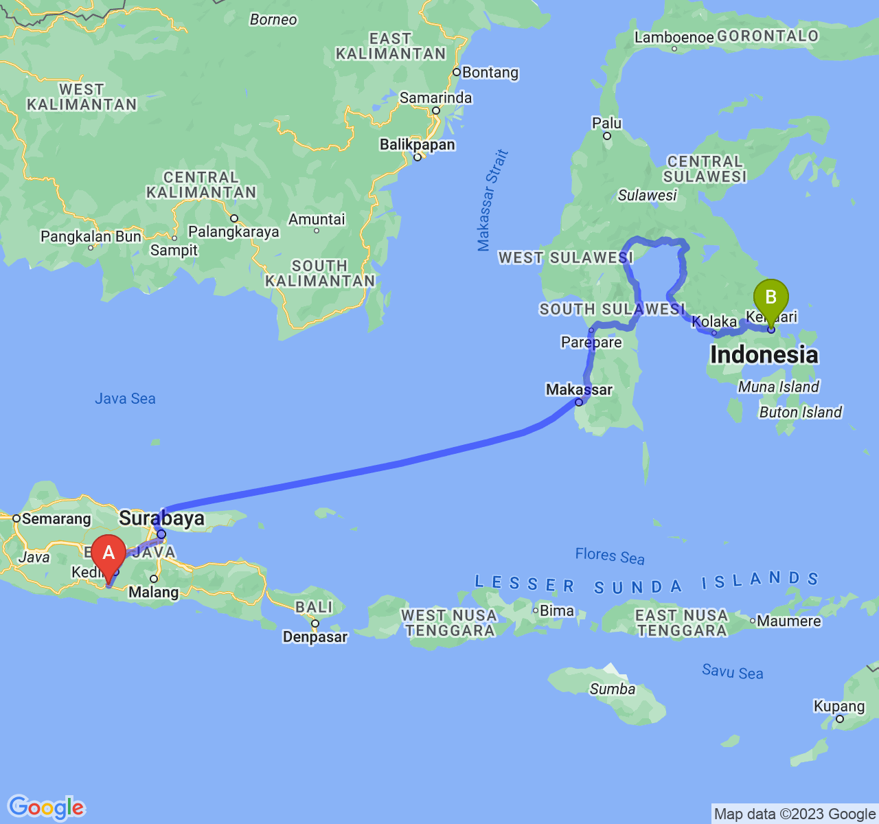 perjalanan dengan rute Kab. Tulungagung-Kota Kendari