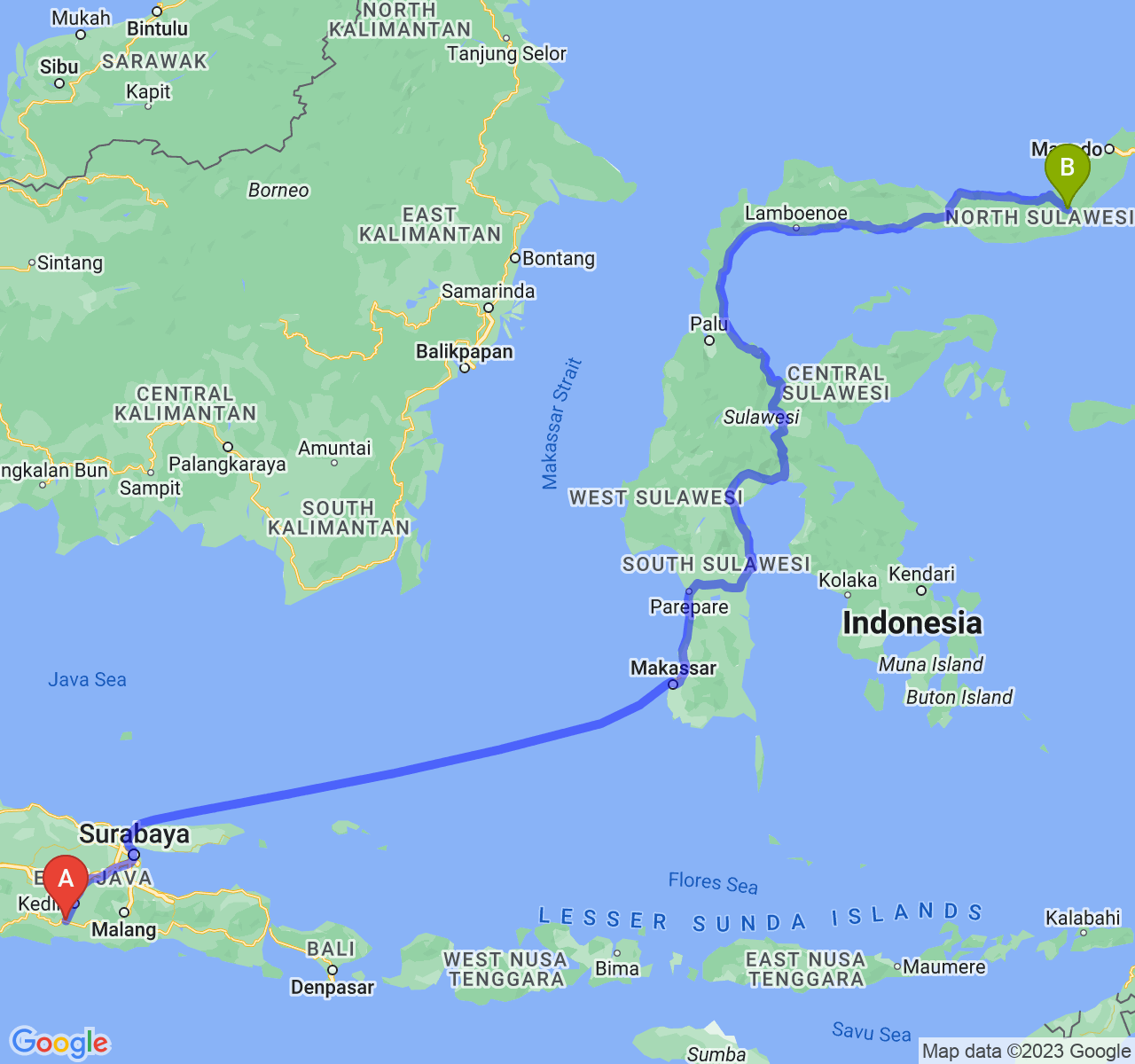 perjalanan dengan rute Kab. Tulungagung-Kota Kotamobagu