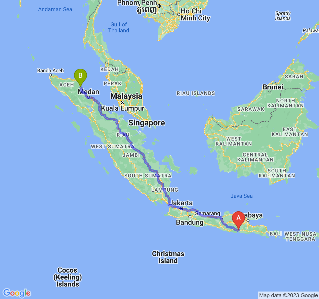 perjalanan dengan rute Kab. Tulungagung-Kota Langsa