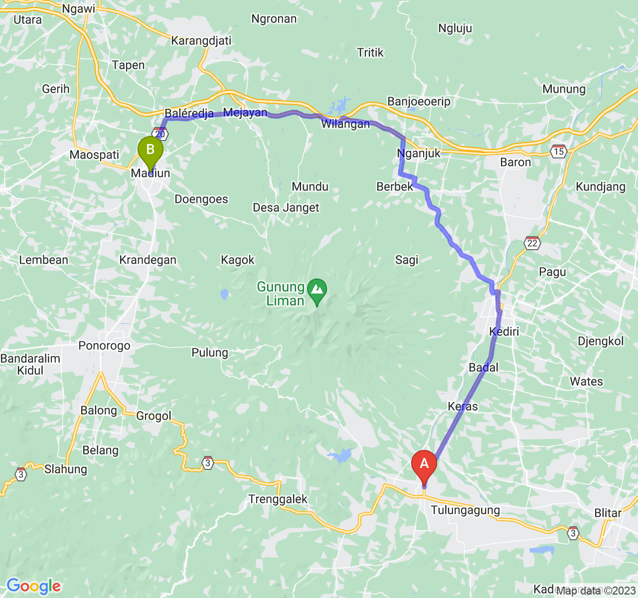 perjalanan dengan rute Kab. Tulungagung-Kota Madiun