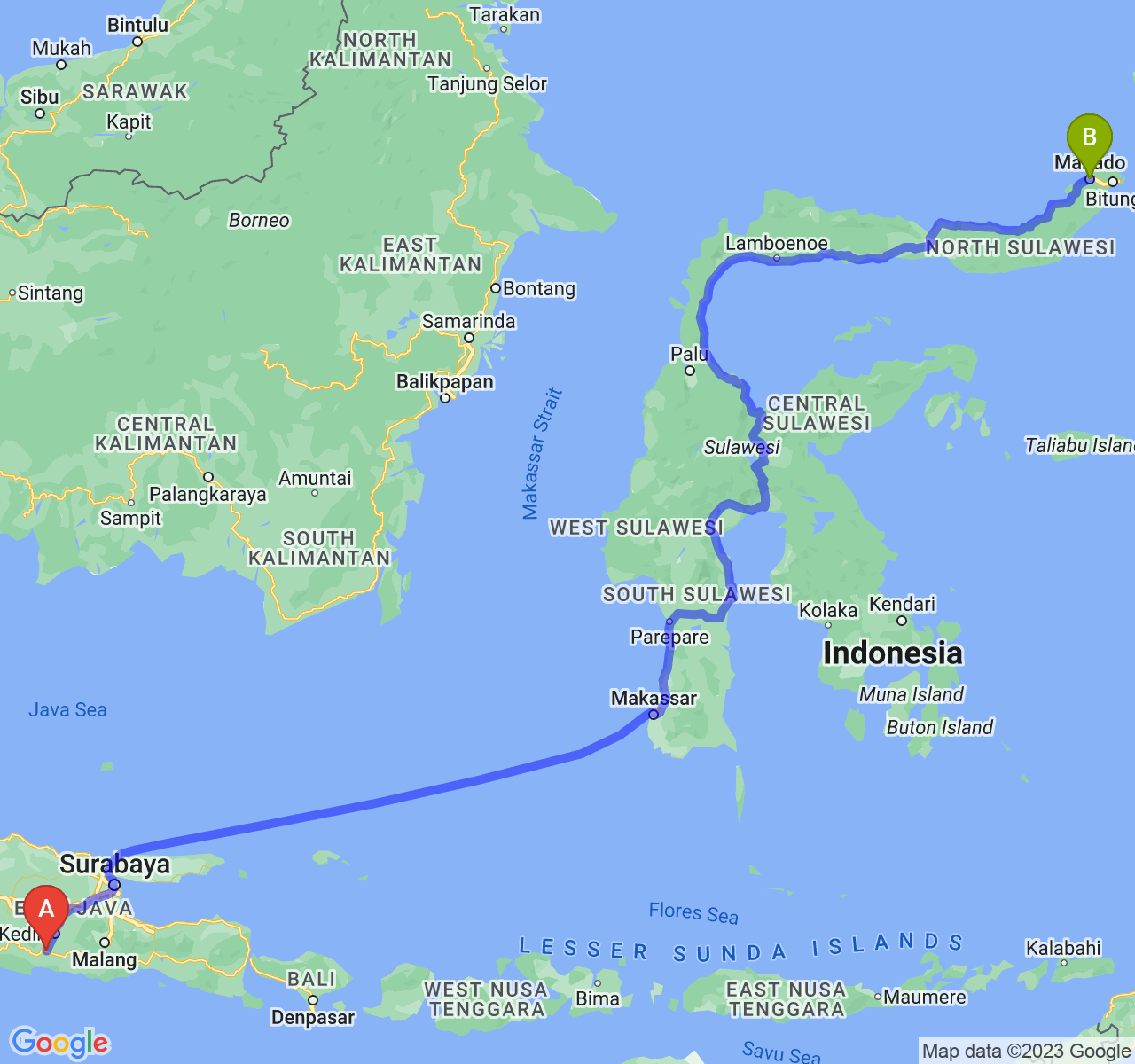 perjalanan dengan rute Kab. Tulungagung-Kota Manado