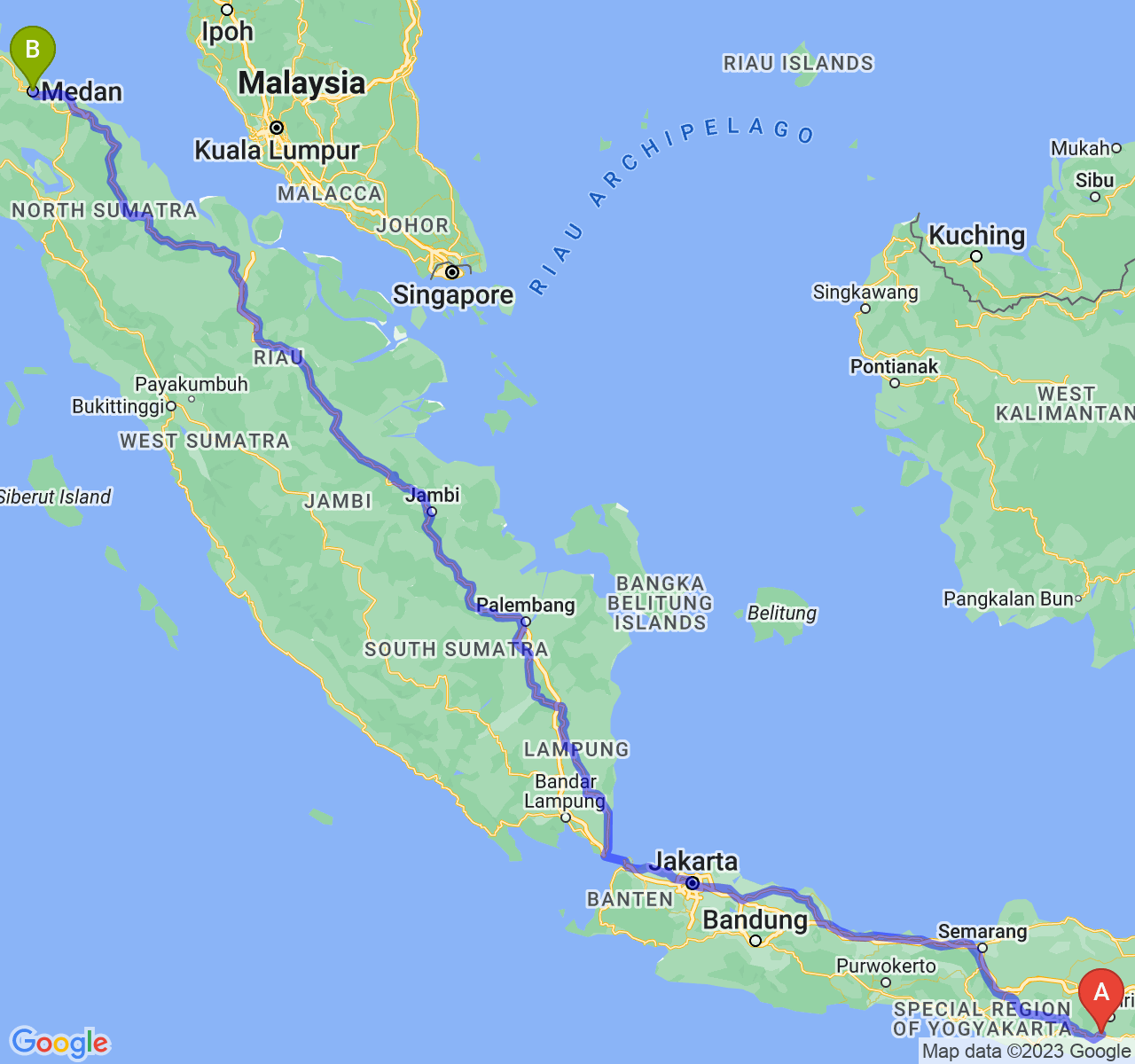 perjalanan dengan rute Kab. Tulungagung-Kota Medan