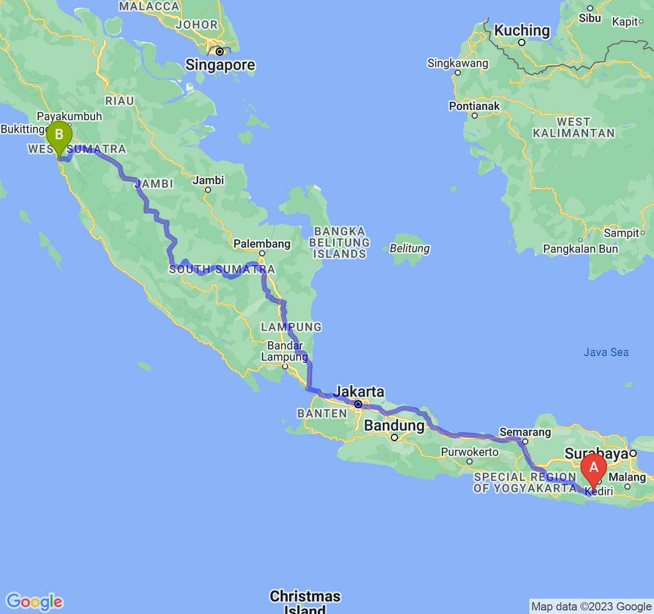 perjalanan dengan rute Kab. Tulungagung-Kota Padang