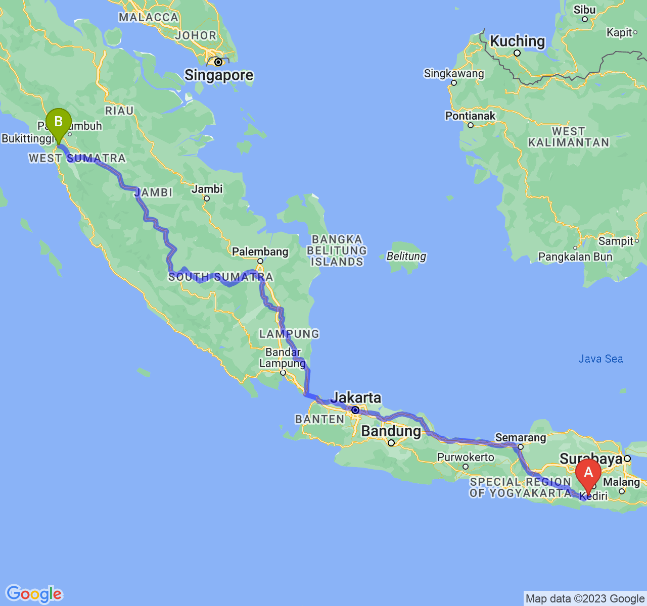 perjalanan dengan rute Kab. Tulungagung-Kota Padang Panjang