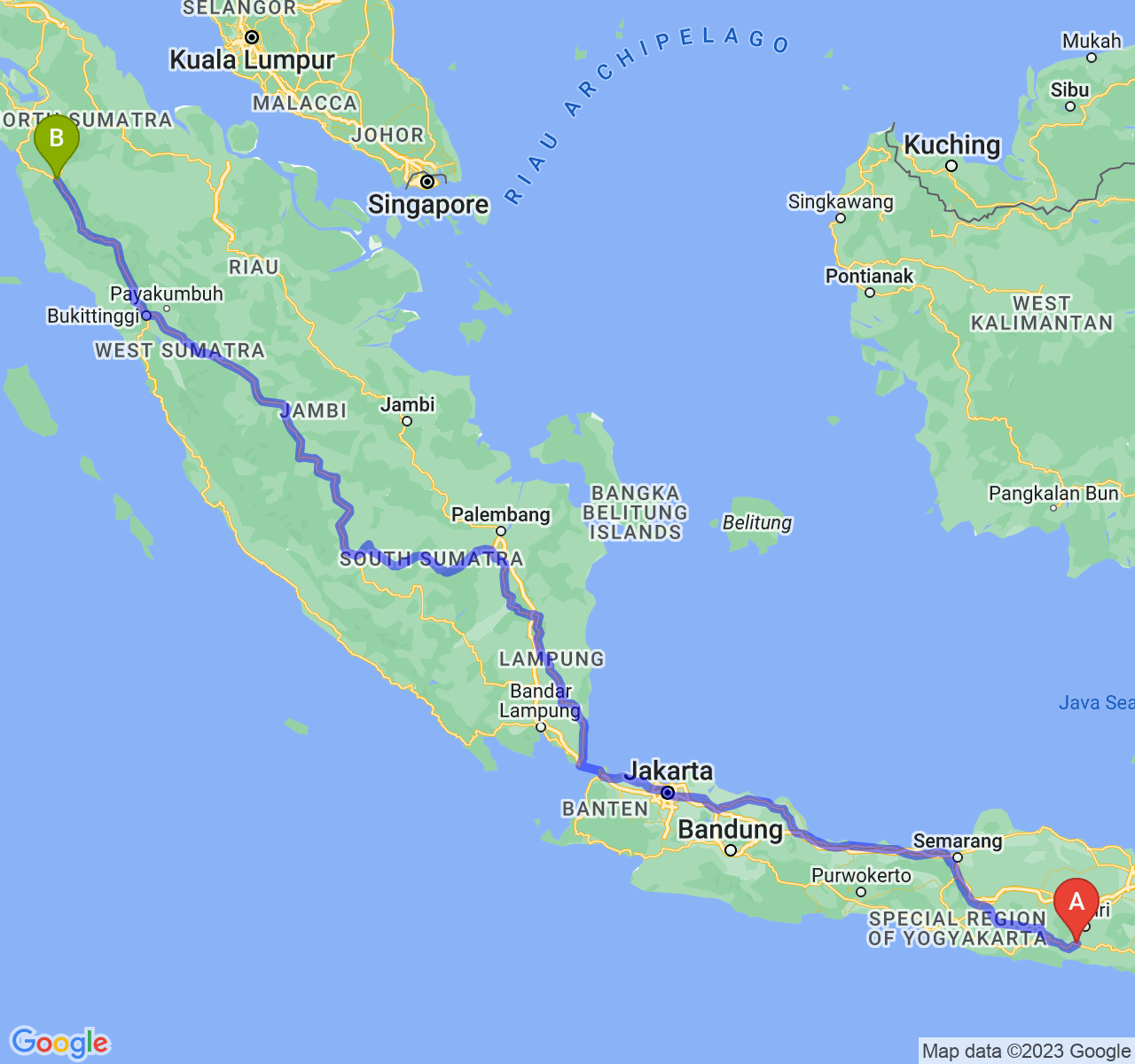 perjalanan dengan rute Kab. Tulungagung-Kota Padang Sidimpuan