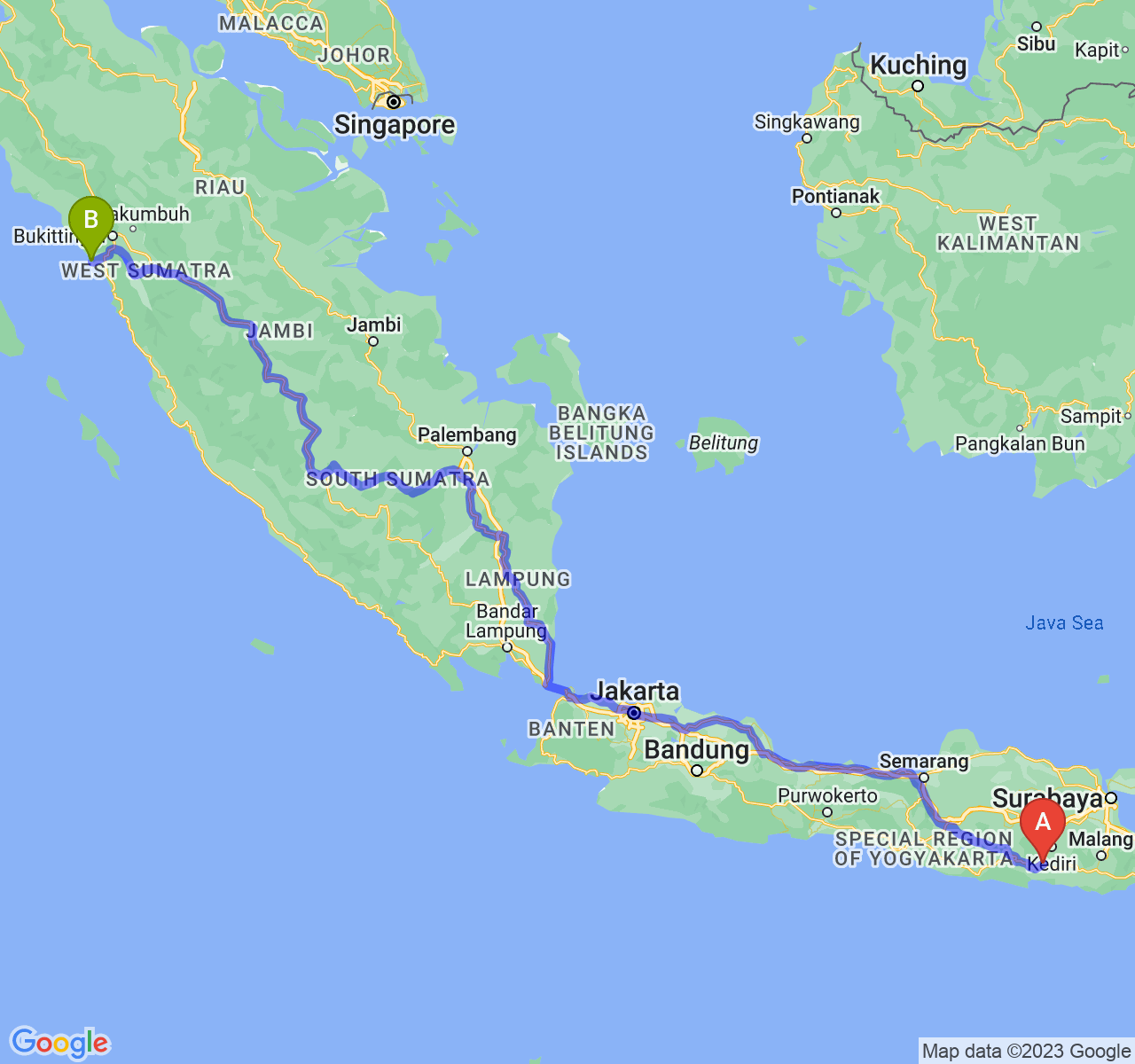 perjalanan dengan rute Kab. Tulungagung-Kota Pariaman