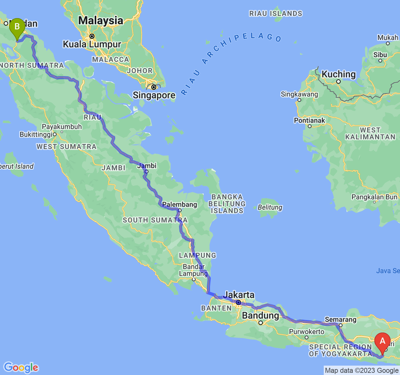 perjalanan dengan rute Kab. Tulungagung-Kota Pematangsiantar