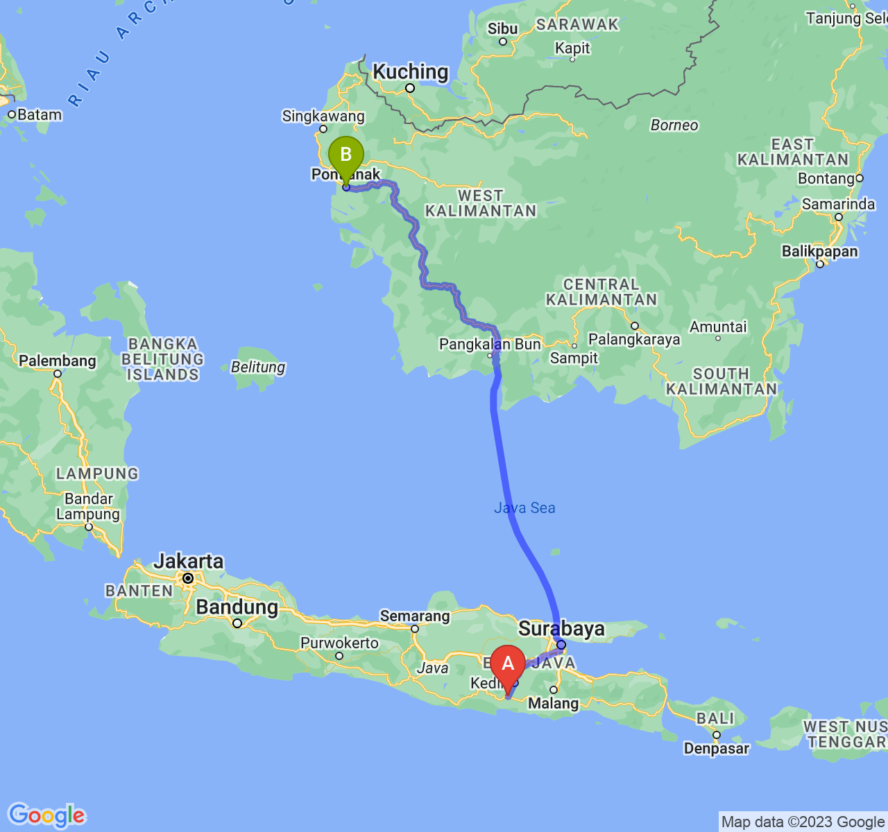 perjalanan dengan rute Kab. Tulungagung-Kota Pontianak