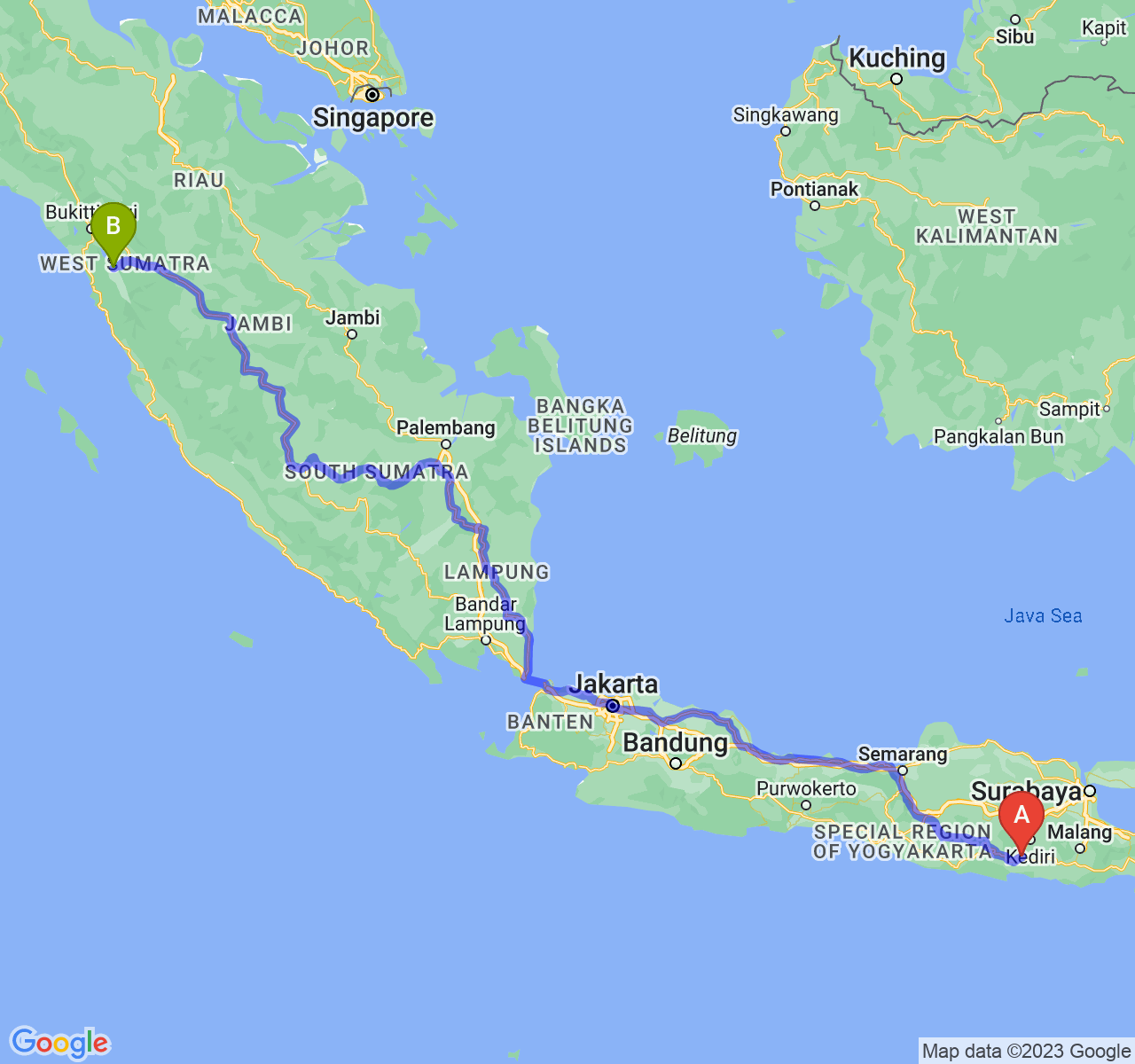 perjalanan dengan rute Kab. Tulungagung-Kota Solok