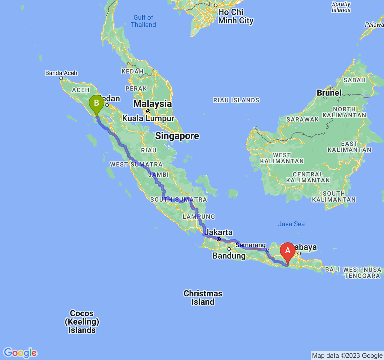 perjalanan dengan rute Kab. Tulungagung-Kota Subulussalam