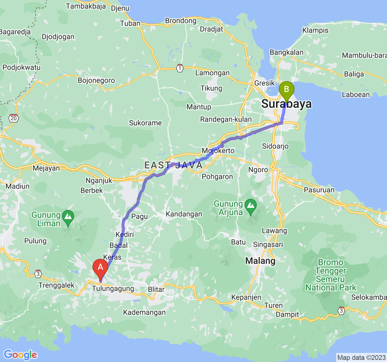 perjalanan dengan rute Kab. Tulungagung-Kota Surabaya