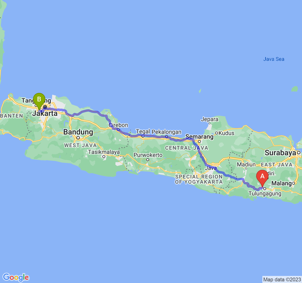 perjalanan dengan rute Kab. Tulungagung-Kota Tangerang Selatan