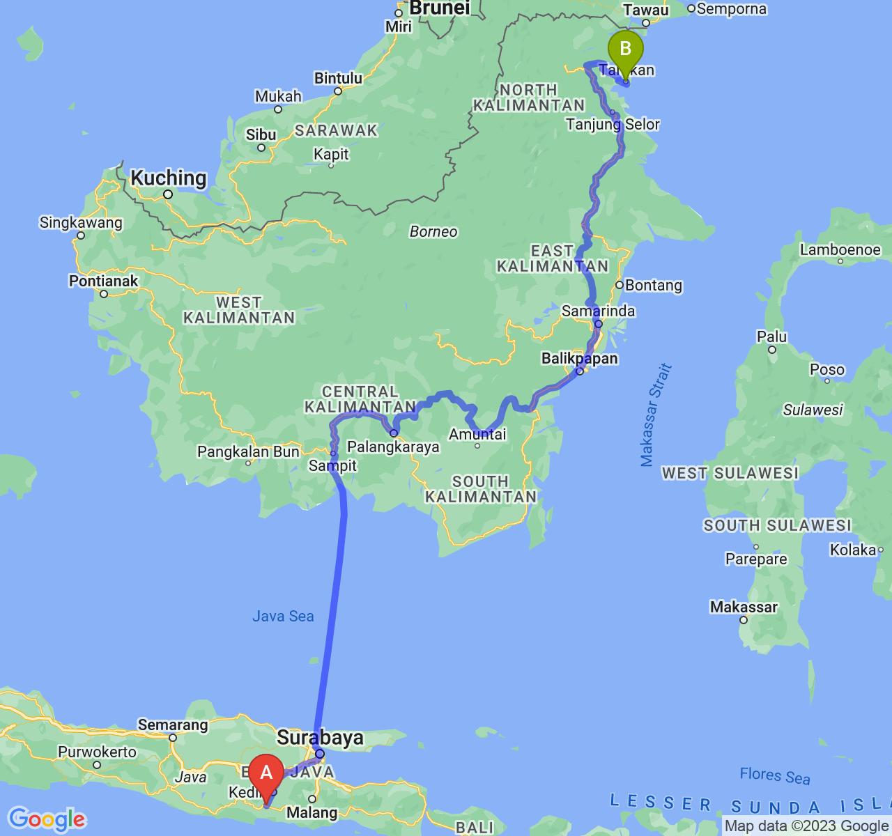 perjalanan dengan rute Kab. Tulungagung-Kota Tarakan