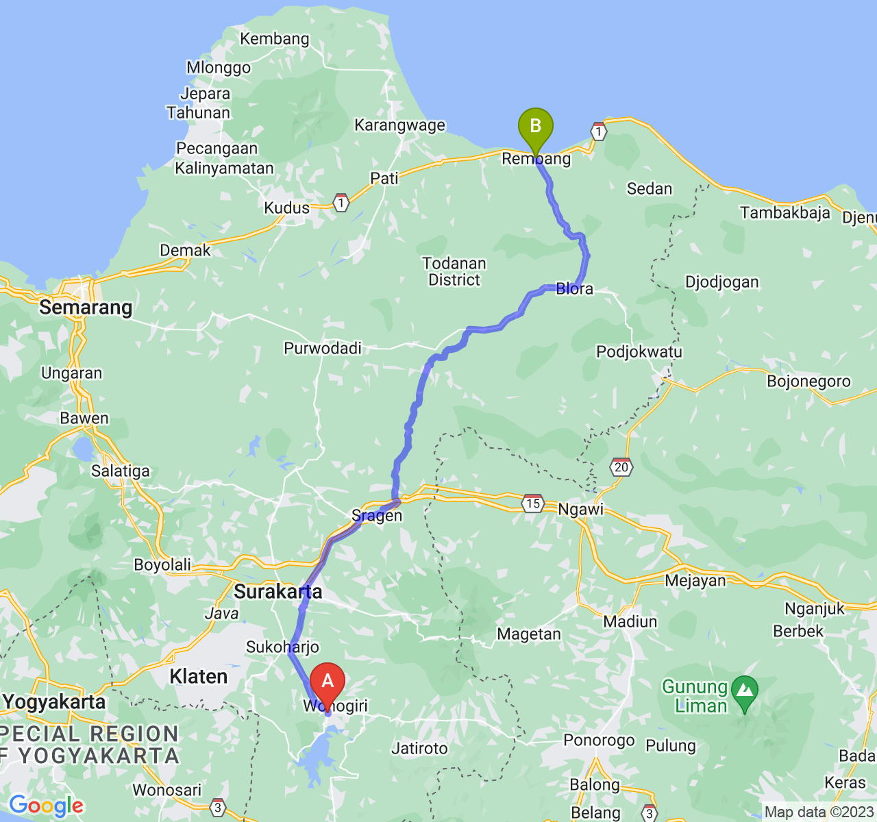 perjalanan dengan rute Kab. Wonogiri-Kab. Rembang