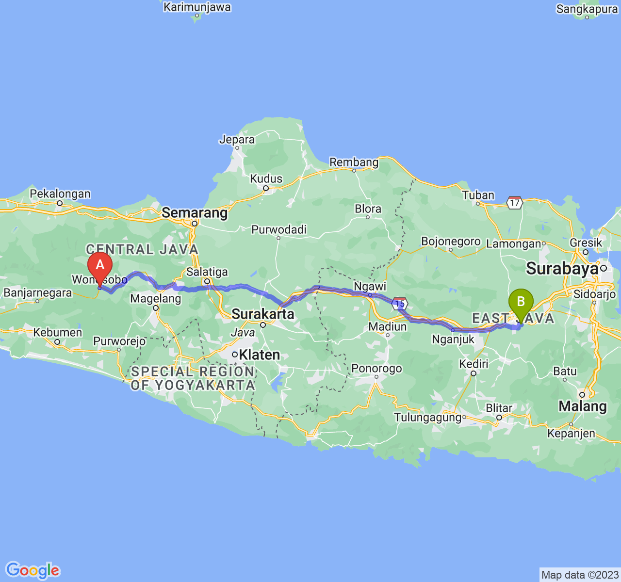 perjalanan dengan rute Kab. Wonosobo-Kab. Jombang