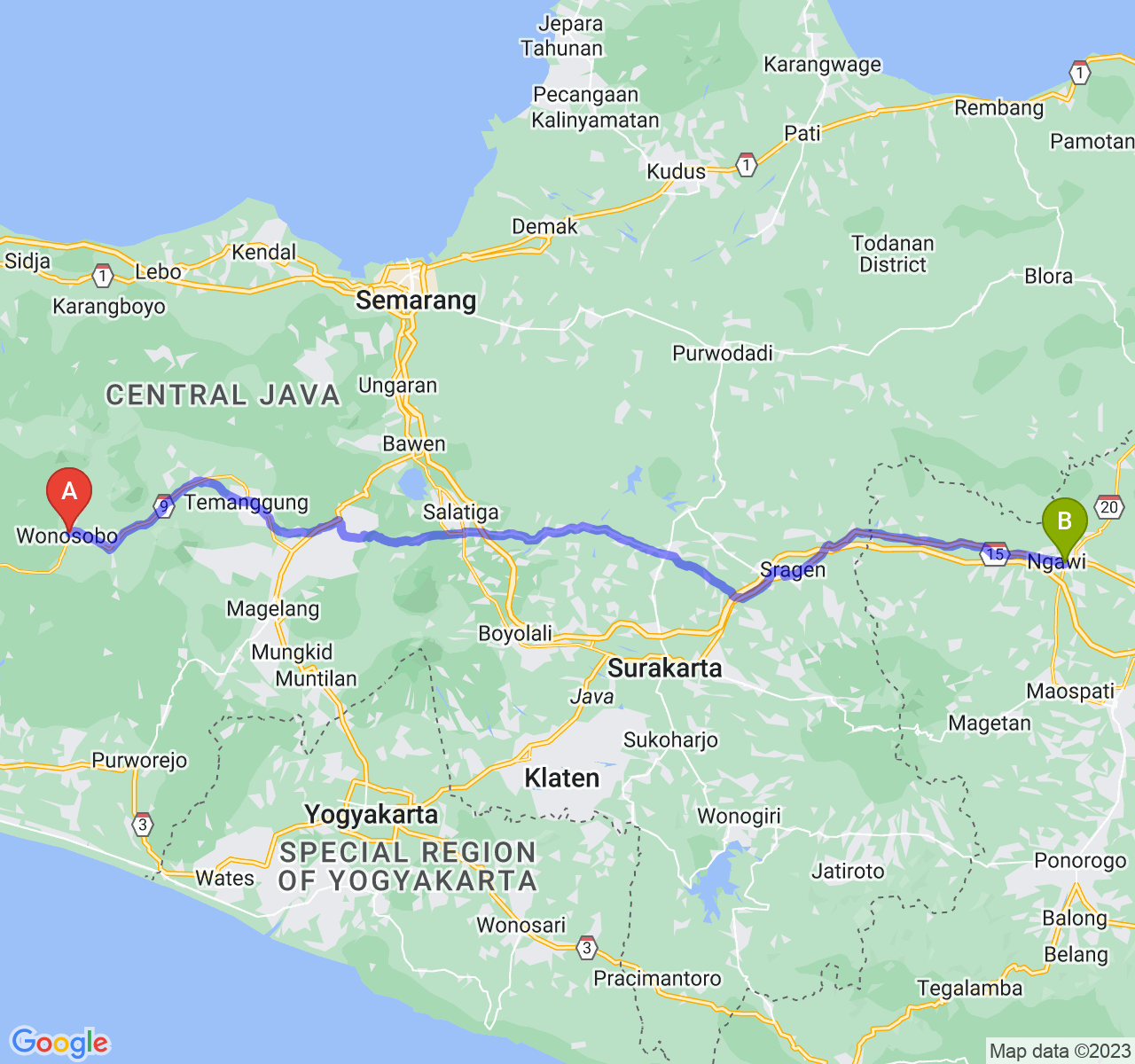 perjalanan dengan rute Kab. Wonosobo-Kab. Ngawi