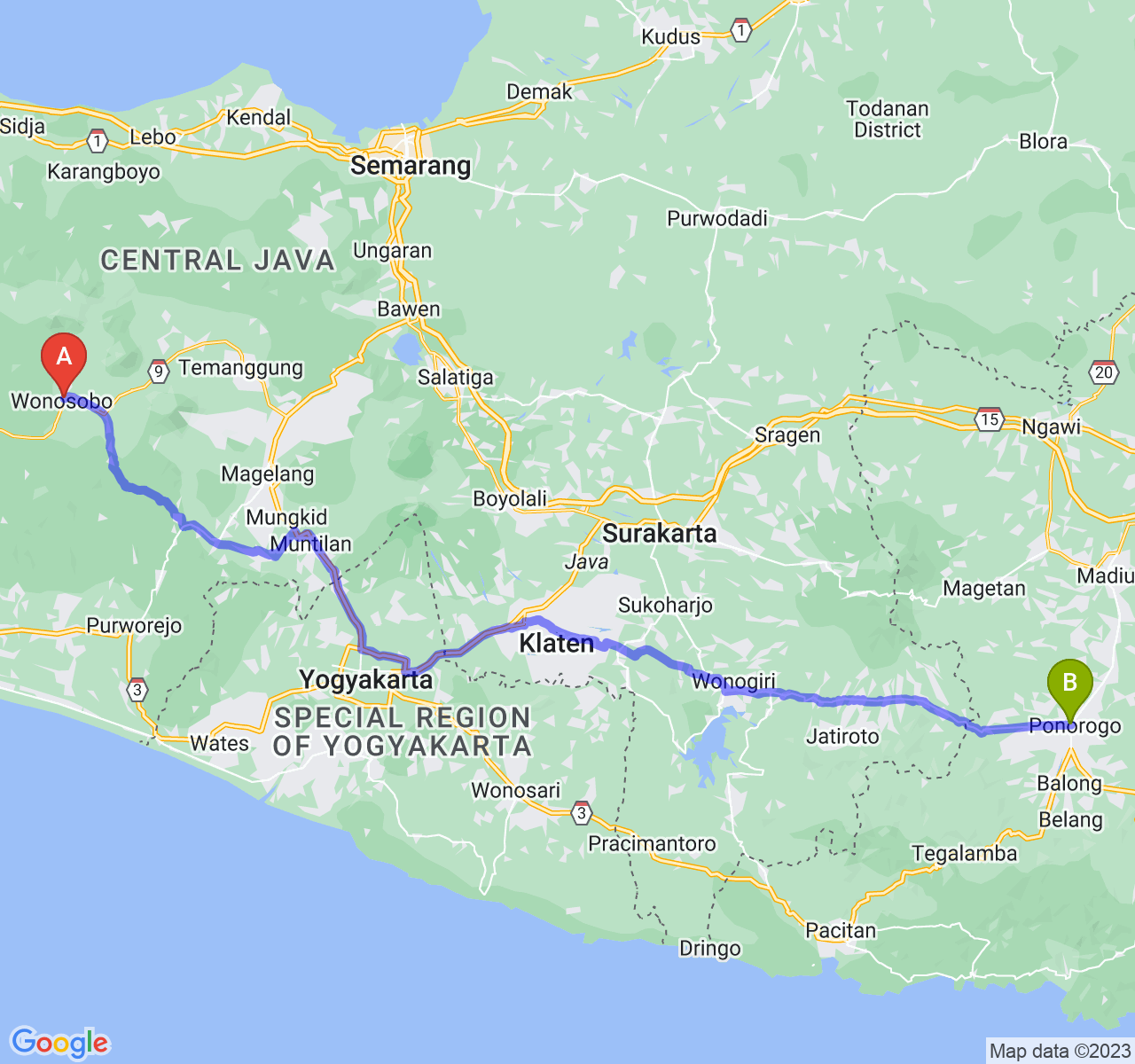 perjalanan dengan rute Kab. Wonosobo-Kab. Ponorogo