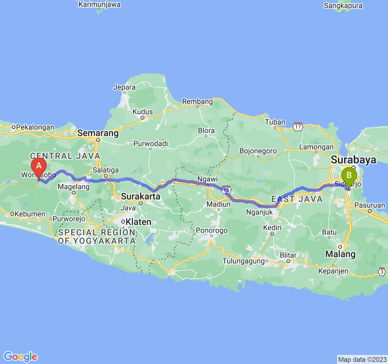 perjalanan dengan rute Kab. Wonosobo-Kab. Sidoarjo