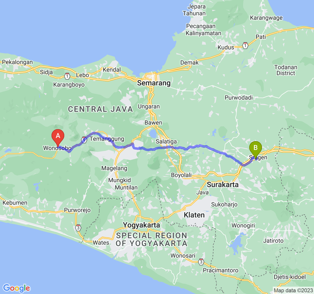 perjalanan dengan rute Kab. Wonosobo-Kab. Sragen