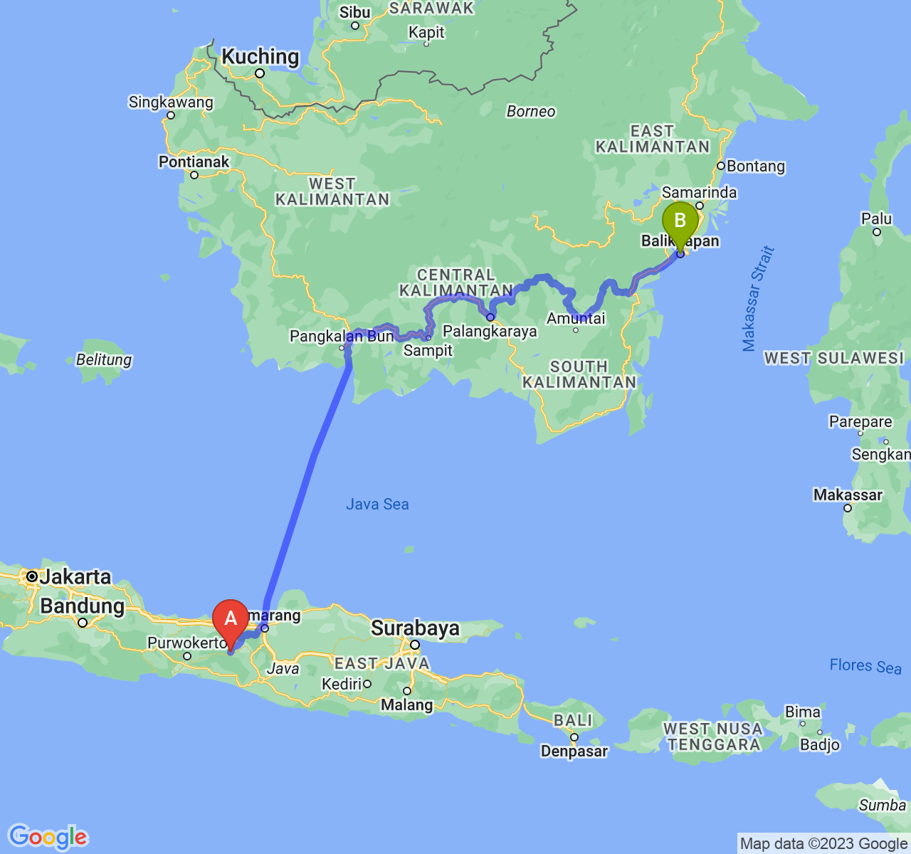 perjalanan dengan rute Kab. Wonosobo-Kota Balikpapan