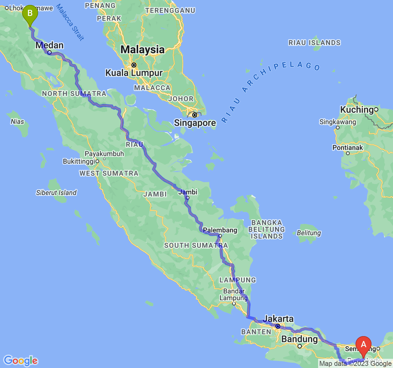 perjalanan dengan rute Kab. Wonosobo-Kota Langsa