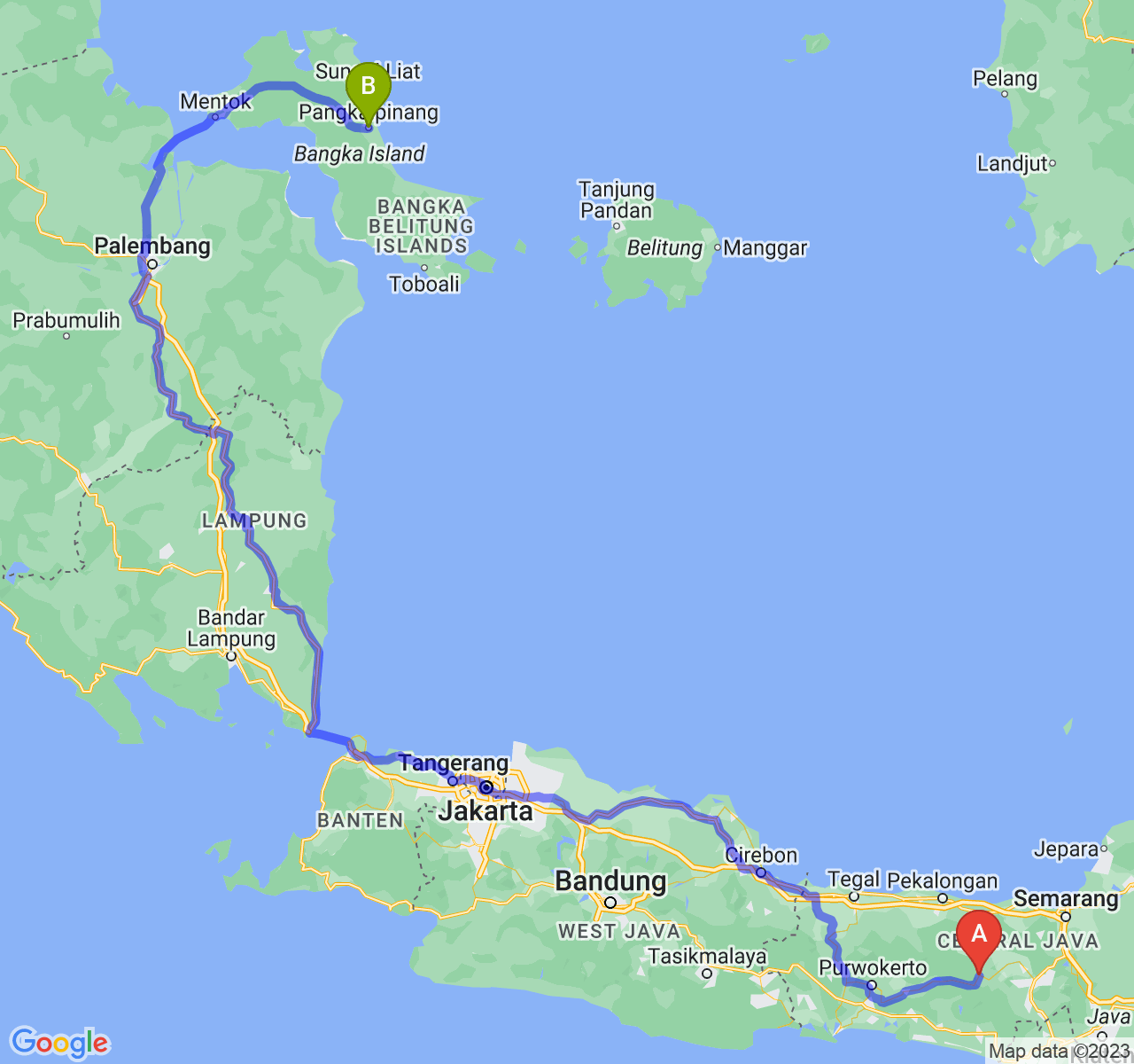 perjalanan dengan rute Kab. Wonosobo-Kota Pangkalpinang