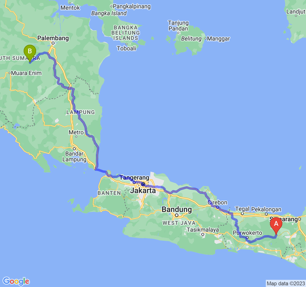 perjalanan dengan rute Kab. Wonosobo-Kota Prabumulih