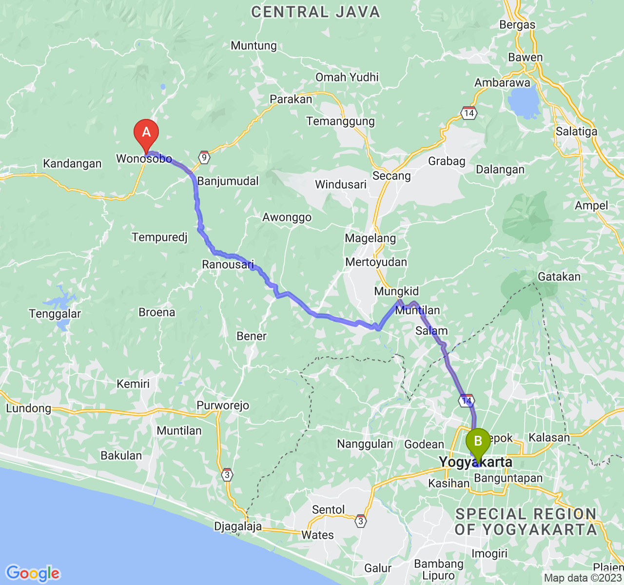 perjalanan dengan rute Kab. Wonosobo-Kota Yogyakarta