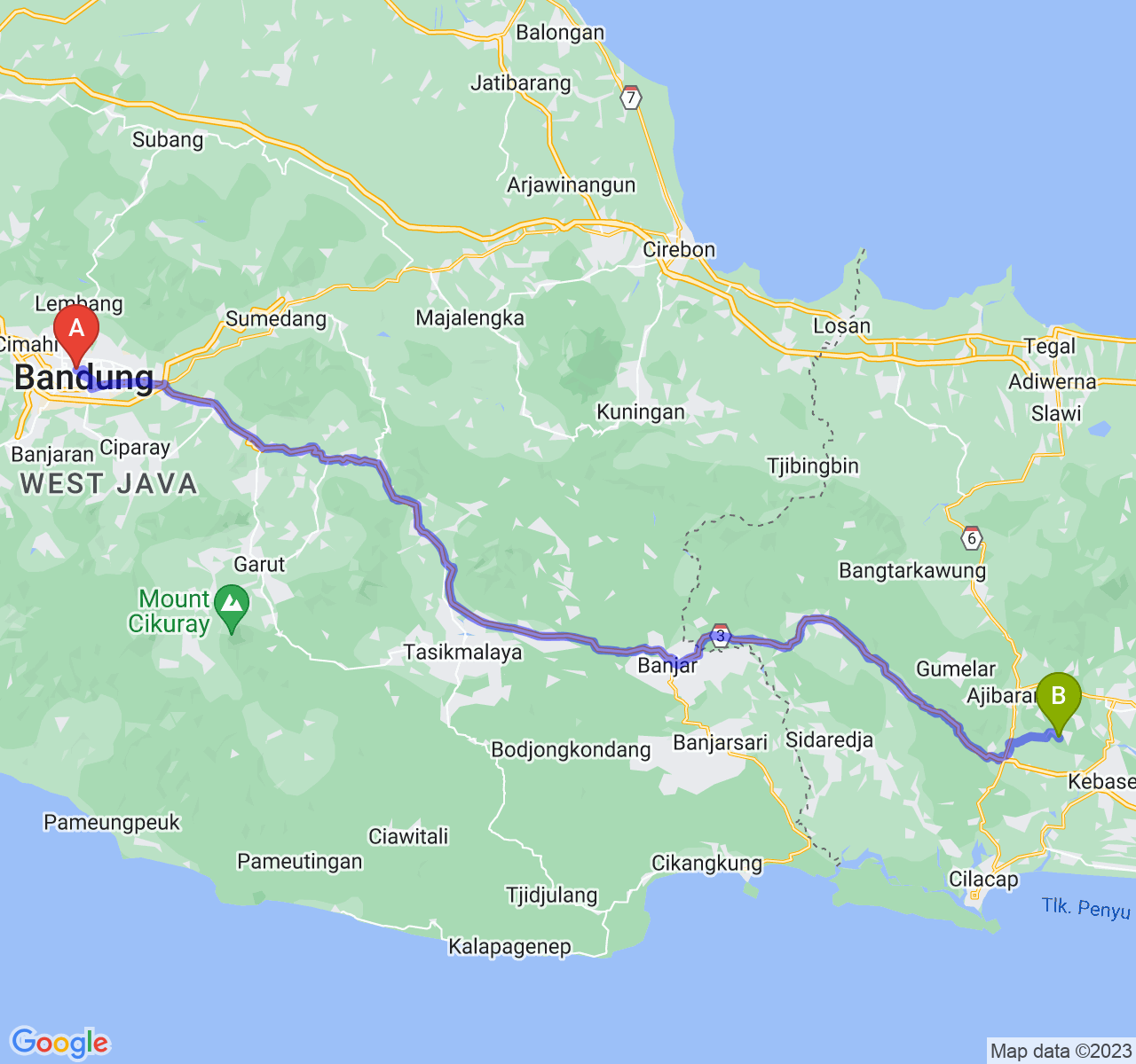 perjalanan dengan rute Kota Bandung-Kab. Banyumas