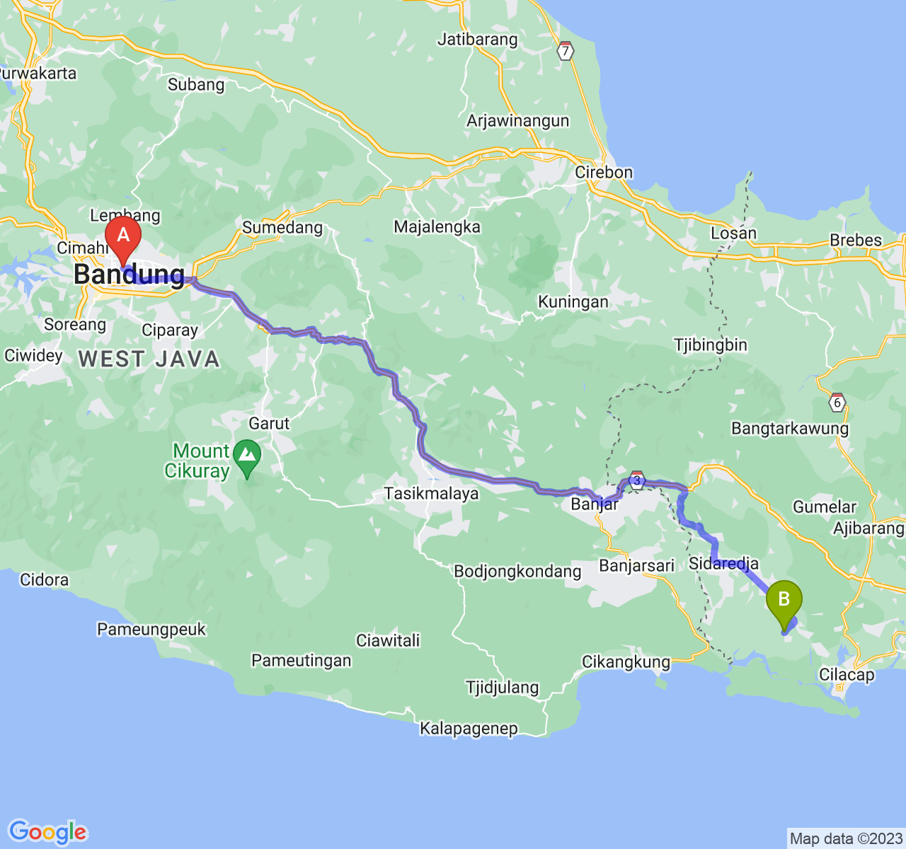 perjalanan dengan rute Kota Bandung-Kab. Cilacap