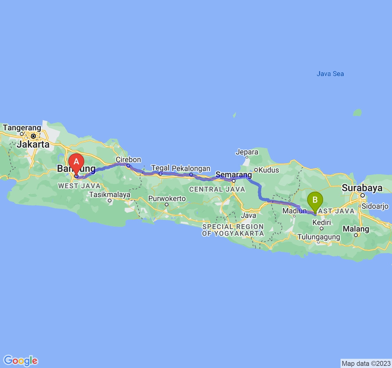 perjalanan dengan rute Kota Bandung-Kab. Nganjuk