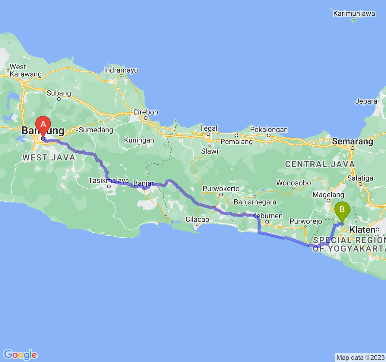 perjalanan dengan rute Kota Bandung-Kab. Sleman