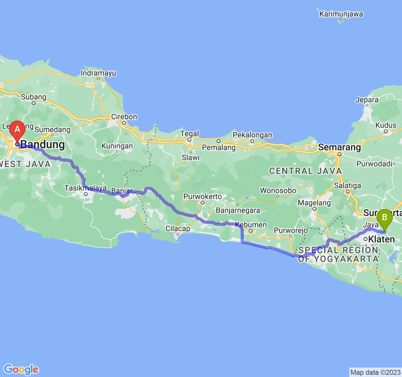 perjalanan dengan rute Kota Bandung-Kab. Sukoharjo