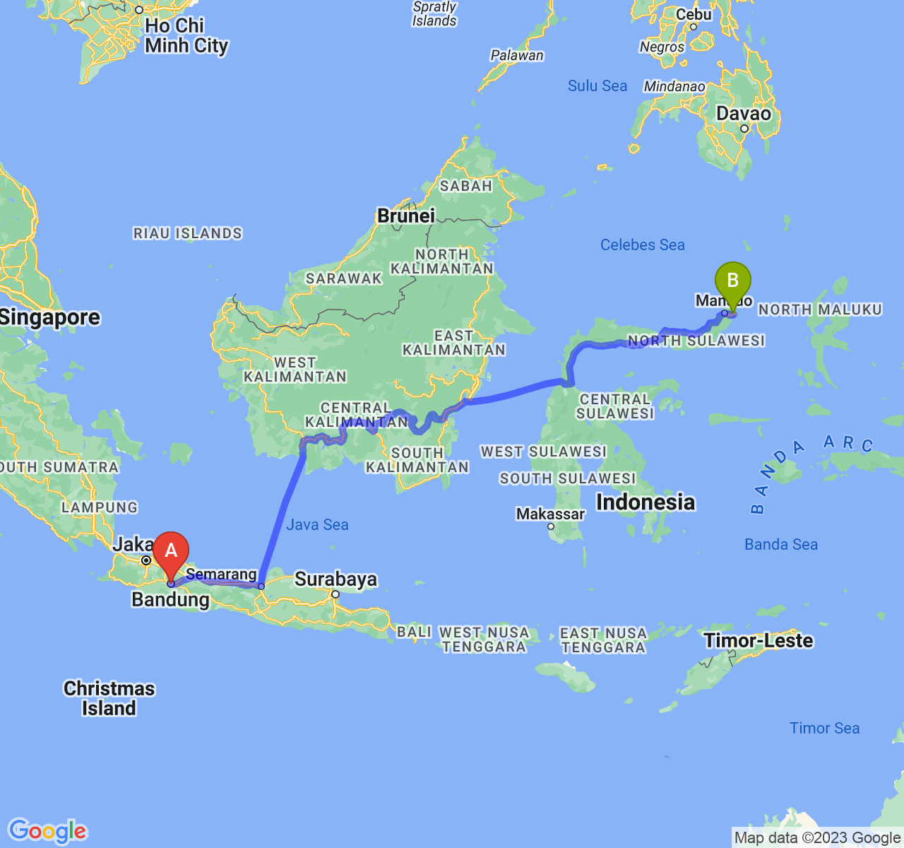 perjalanan dengan rute Kota Bandung-Kota Bitung