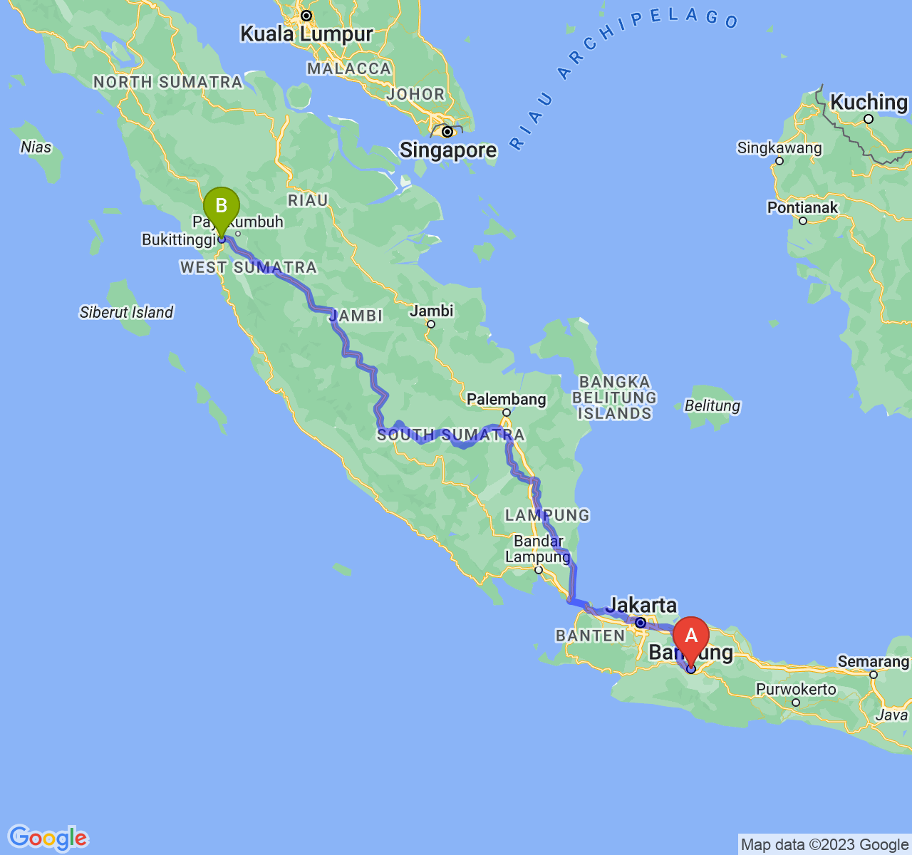 perjalanan dengan rute Kota Bandung-Kota Bukittinggi