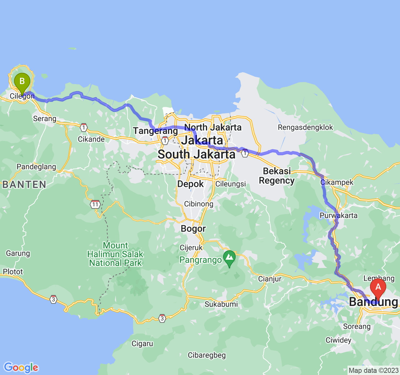 perjalanan dengan rute Kota Bandung-Kota Cilegon